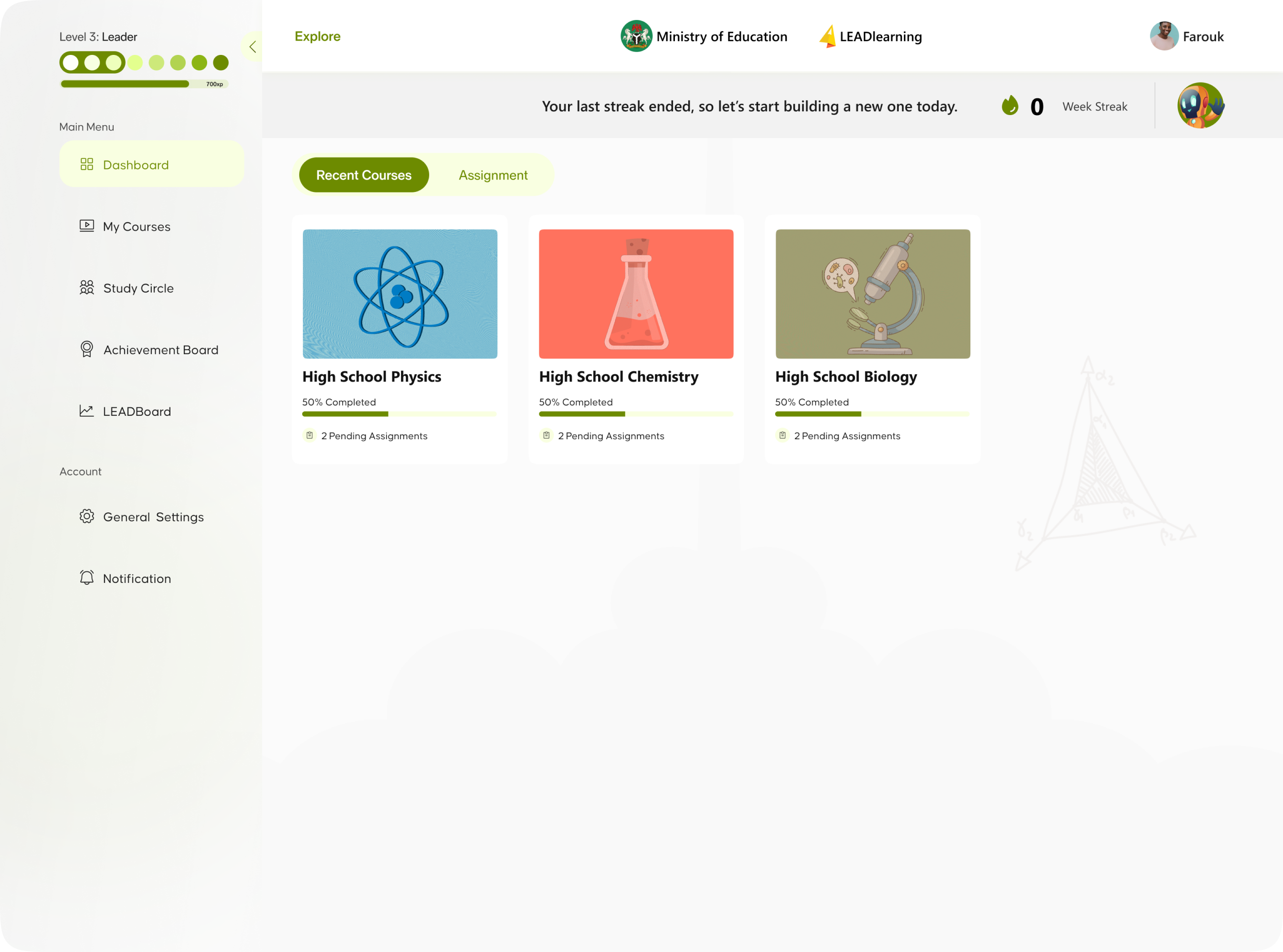 LEADlearning dashboard showing courses, progress, and study tools